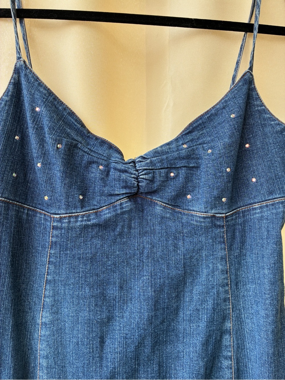 Vintage Y2K Stretch Denim Mermaid Hem Rhinestone Embellished Maxi Dress - Picture 3 of 12